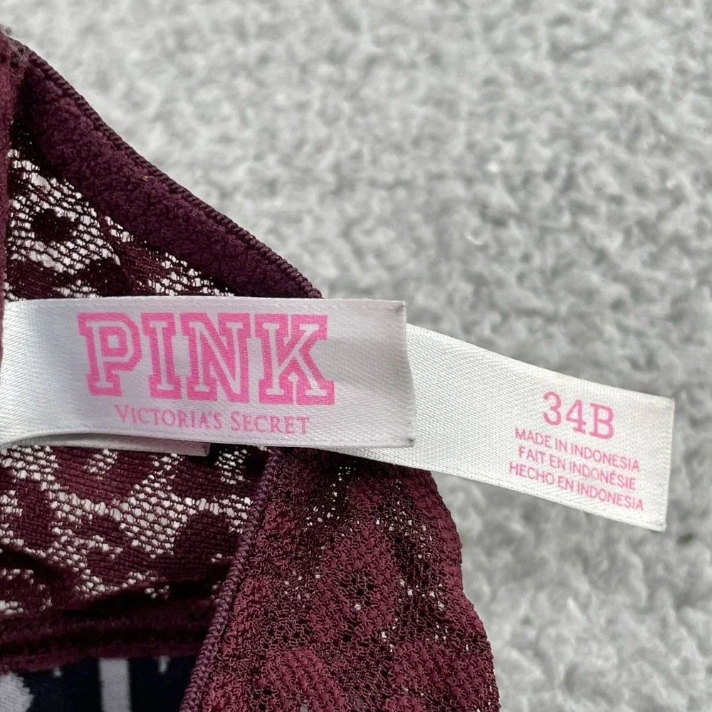 Victoria's Secret Sport Push Up Bra‎ Womens 34B Burgundy Floral Lace Underwire